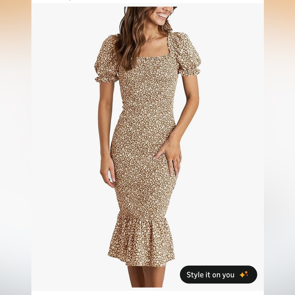 Floral Puff-Sleeve Midi Dress in Tan